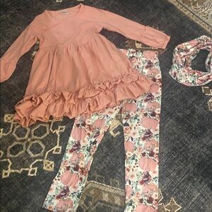 Girls boutique fall outfit dress leggings and neck scarf Sz 6/7 pumpkin print